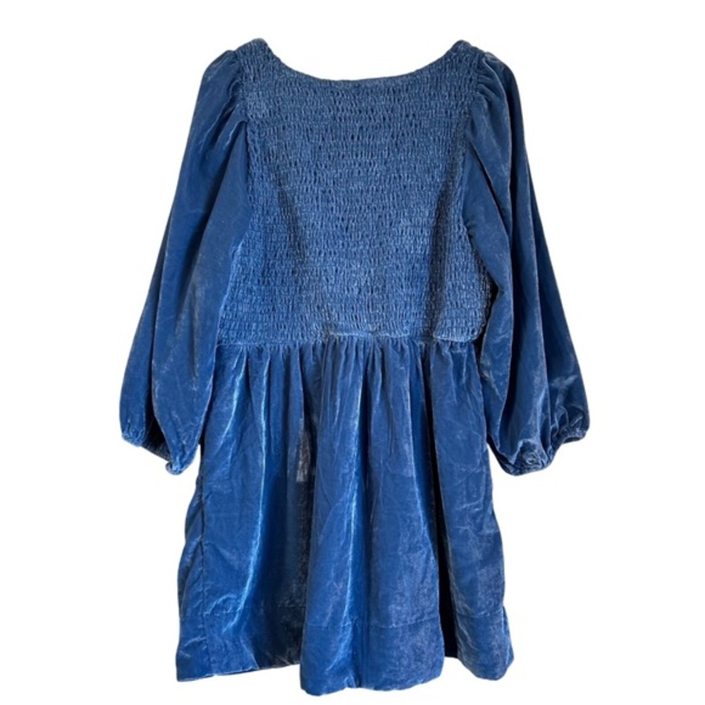 Free People Dress Medium Blue Smocked Velvet Medieval Princess LOTR Fairy Pocket - Picture 2 of 10
